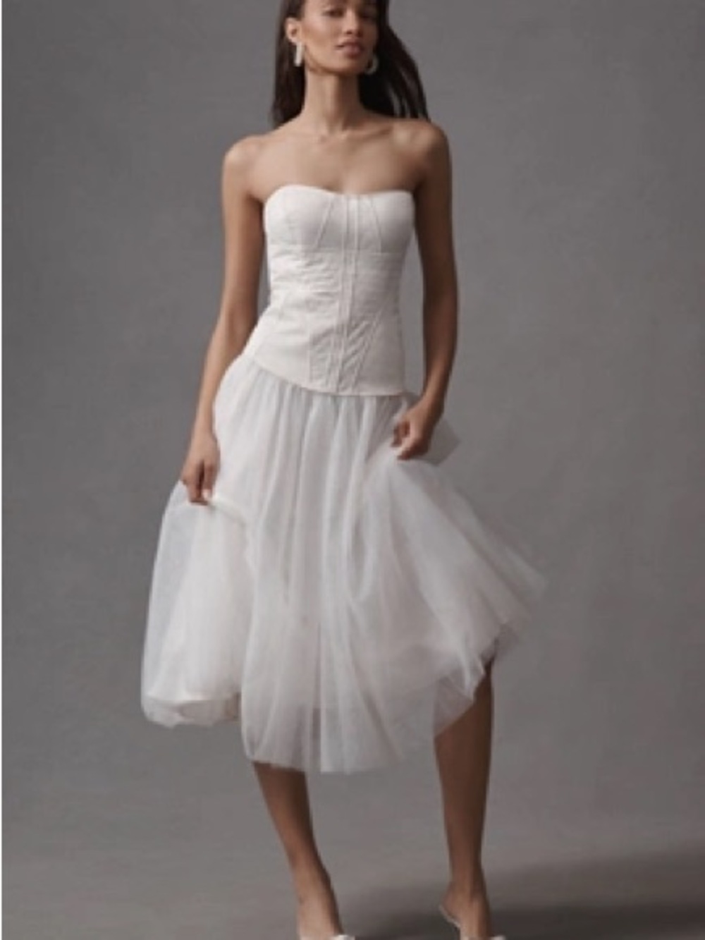 BHLDN Strapless White Tulle Midi Dress with Structured Bodice